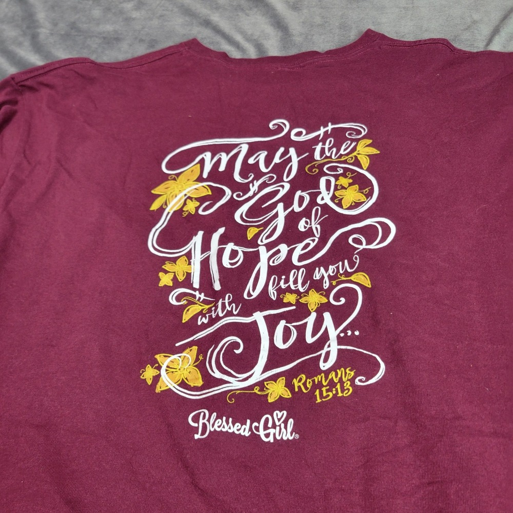 Blessed‎ Girl Womens Long Sleeve Maroon Graphic T-Shirt Romans 15:13 Size XL - Picture 3 of 7